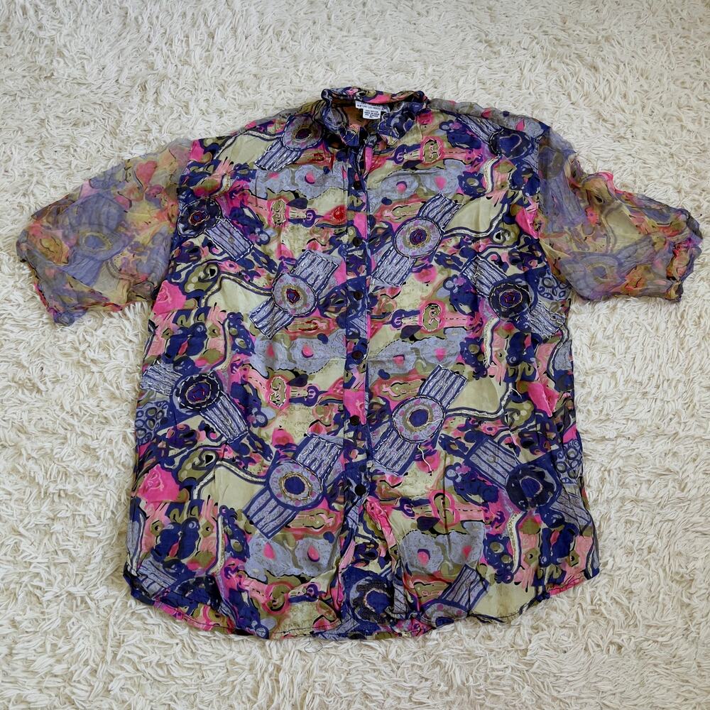 Vintage 1980s Orleon de Paris Abstract Print Whimsical Beaded Blouse Size XL - Picture 5 of 8